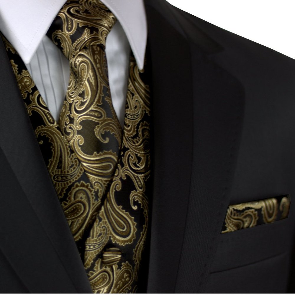Men's Formal Wedding Prom Homecoming Tuxedo Vest Tie Hankie - Gold/Black Paisley